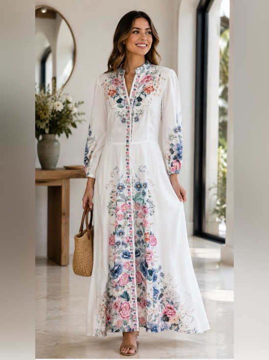 chicme Dresses & Skirts - Floral-Embroidered White Maxi Dress with Pink & Blue Accents